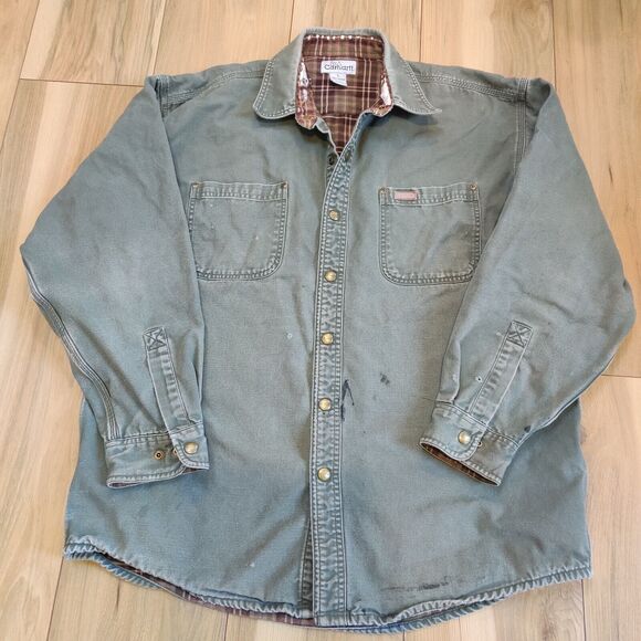 Vtg 90s Carhartt Shirt Men's Large Green Snap Up Flannel Lined S96MOS Distressed - Picture 1 of 14